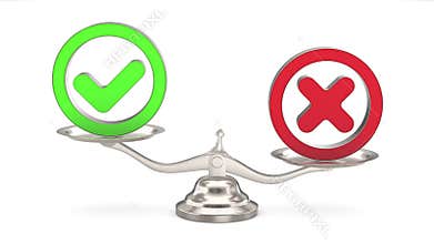 Rejection sign and check mark on scale. White background. Isolated 3D illustration