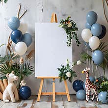 A blank canvas on a wooden easel is surrounded by balloons tied to plants and decorations, creating a colorful display