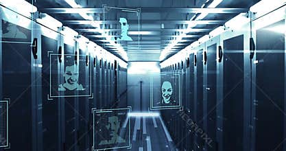 Opening server corridor showing holographic user profiles spawning, floating, resizing for scanning