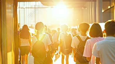 Sunlight on People's Backs Walking Forward