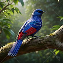 An AI generated image of colorful bird perching on a branch in forest