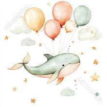 Adorable baby clip art featuring a charming watercolor flying whale and colorful air balloons. Children's stock