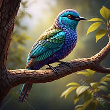 An AI generated image of colorful bird perching on a branch in forest
