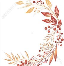 A Christmas frame decorated with leaves and berries, highlighted by golden borders. Isolated holiday illustration.