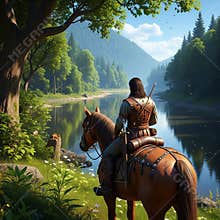 An AI generated image of a solitary medieval fantasy wanderer riding a horse in forested wilderness