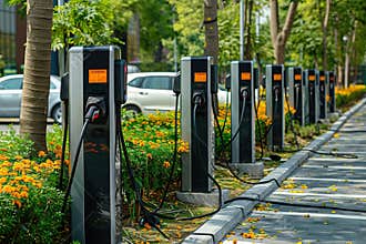 Power source for charging battery of beautiful hybrid electric car on road, abstract vivid composition consists of