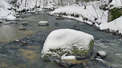 Brook with a boulder at winter time - with audio