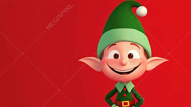 Smiling cartoon christmas elf wearing a green and red outfit is gesturing with his hand on a vibrant red background, conveying a
