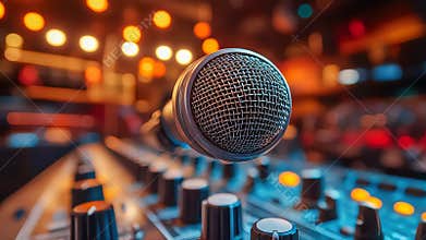 Close-up of a professional microphone in a dimly lit recording studio, symbolizing podcasting, music, and broadcasting