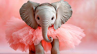 Adorable baby elephant wearing pink ballerina tutu in a cute and playful pose