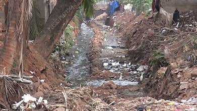 Dirty open sewer canal in Bhubaneswar,India. Nature catastrophic pollution