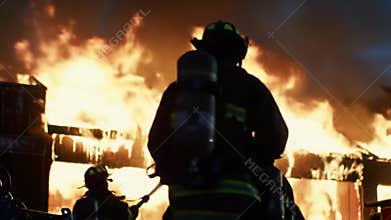 Courageous and heroic firefighters are bravely battling an intense blaze at night
