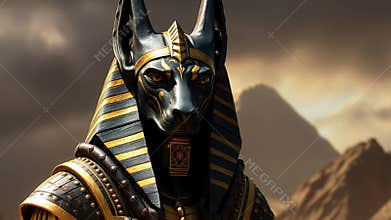 Ancient Egyptian Anubis statue with jackal head, adorned in gold and blue ceremonial headdress. Mystical and regal figure