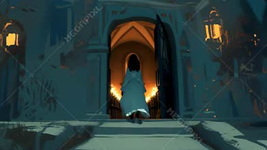 Woman Entering Illuminated Gothic Church Ai generative