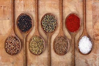 Spices on wooden spoons