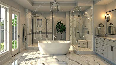 Spa-inspired 3D bathroom showcasing freestanding tub, walk-in shower, and double vanity for a serene and luxurious