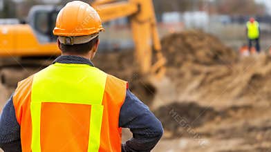 Construction worker wearing safety vest and helmet supervising an excavator digging on a building site