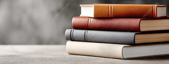 Four hardcover books in vibrant colors are stacked together, showcasing their textures against a gray background
