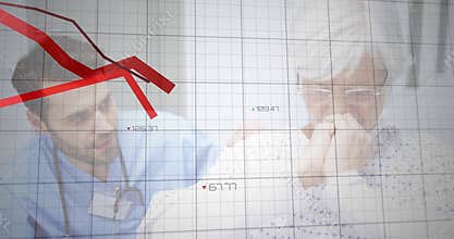 Medical nurse kneeling adjusting touch when red graphs emerging transparent grid monitoring relief