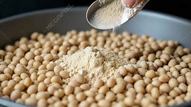 Pouring soy protein powder onto a bed of raw soybeans, showing healthy plant-based ingredients.