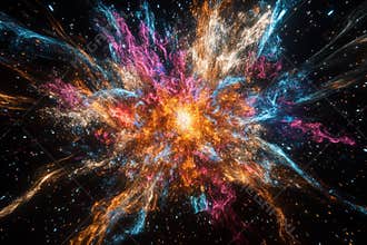 Cosmic explosion showcasing vibrant colors and swirling particles in deep space