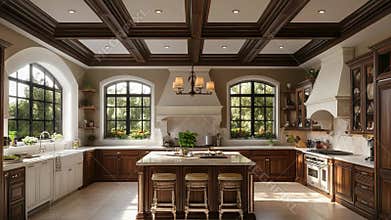 Classic luxurious kitchen with coffered ceiling and island