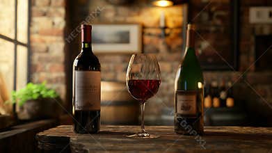Wine tasting in rustic cellar, enjoying red wine with elegance