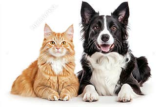 Happy dog and cat looking at the camera, isolated on transparent background, showing friendship between them, amazing
