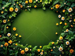 Fresh Green Natural Background with Blooming Spring Flowers and Lush Foliage Frame