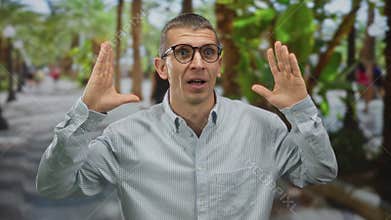Man on outdoor street with surprised expression and glasses, surrounded by palm trees, captures a moment of shock and curiosity in