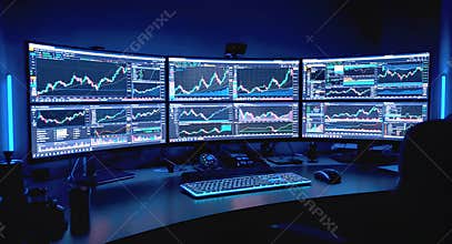 Professional trading setup with six curved monitors at night