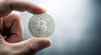 Hand holding silver Bitcoin coin against blurred background