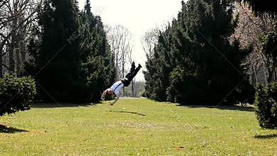 Man in suit dancing break dance