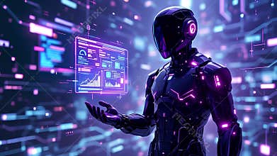 Humanoid robot displaying holographic data in digital network