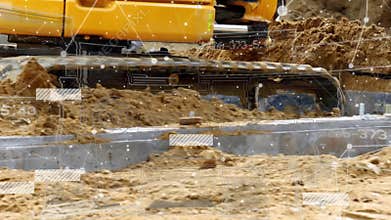 Excavator bucket entering scooping lifting dumping soil on trench for leveling with data overlay
