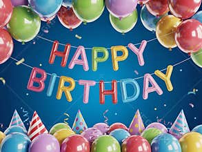 Happy birthday balloon letters with colorful balloons and party hats on a blue background image