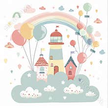 Clip art of a cute watercolor lighthouse and air balloons for babies. Children stock illustration.