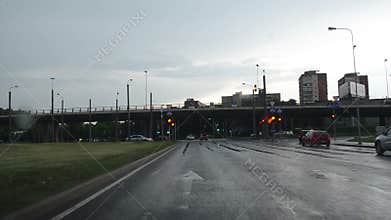 Drive car rain crossroad