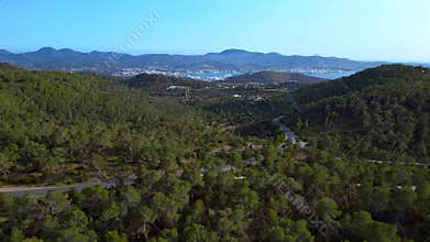 Ibiza Winding road through lush pine forest. Magic aerial view flight drone