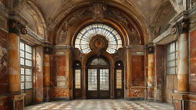 Grand Hall: Ornate Architecture, Arched Window, and Distressed Elegance