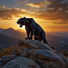 A powerful panther sitting atop a rocky cliff at sunrise, its muscular form bathed in golden and amber hues.