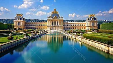 The Palace of Versailles is showcased with lush gardens and a serene reflection in the water