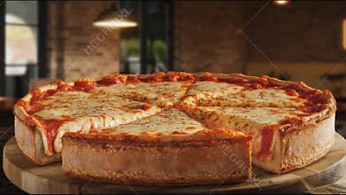 Chicago-style deep dish cheese pizza with a generous layer of melted cheese and tomato sauce