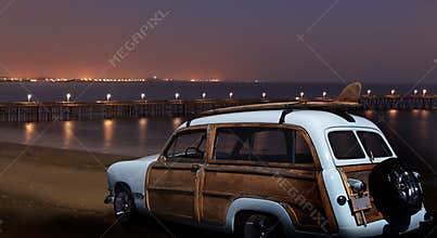Vintage Ford Woodie at Night