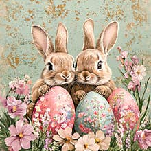 Two cute rabbits with decorated Easter eggs surrounded by colorful spring flowers in a vintage-style illustration.