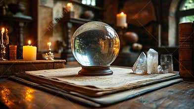Enchanted crystal ball on ancient tome in candlelit room with mystical ambiance. The concept of mysticism, astrology