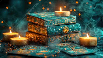 Magical books and floating candles in enchanting atmosphere. The concept of mysticism, astrology, fortune-telling