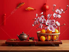 Chinese New Year Table Decorations: Traditional Tea, Orchids and Oranges.
