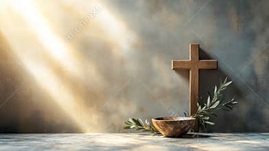 Bowl with ashes, olive branch and cross, symbols of Ash Wednesday