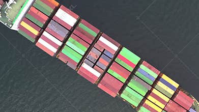 Flying above of a container cargo ship